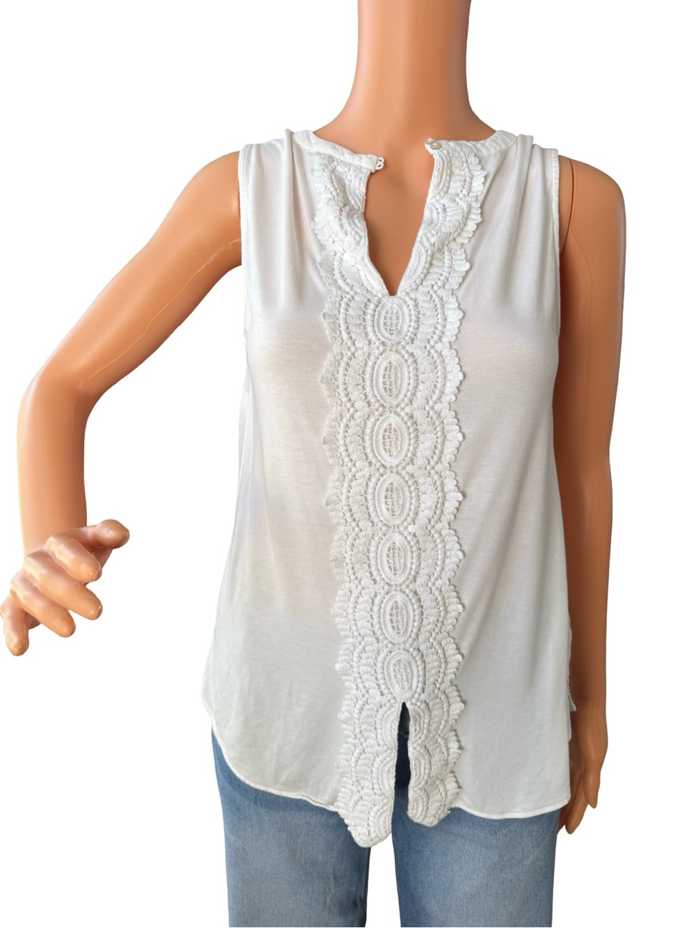 Daniel Rainn Ivory Sleeveless Crochet-Trim Blouse